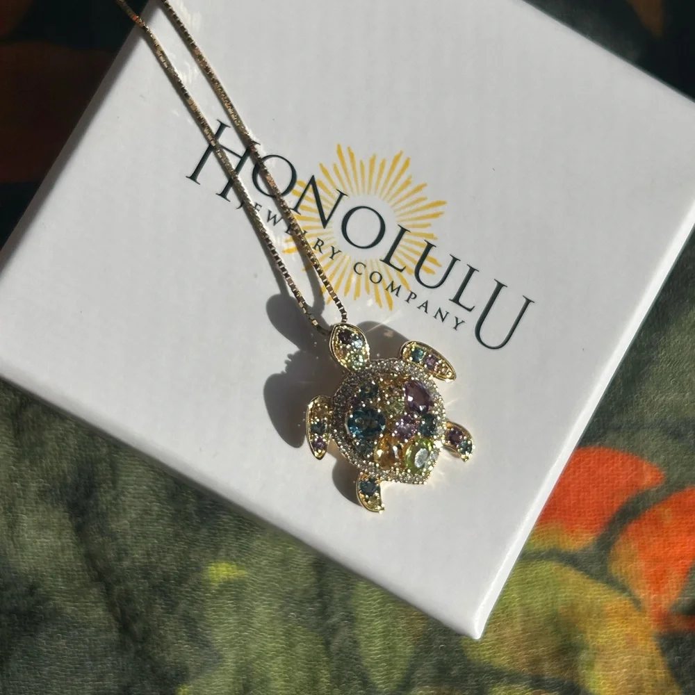 14k Gold Turtle 🐢 Pendant Necklace w/ Gemstones and diamonds 14k chain - Picture 5 of 6